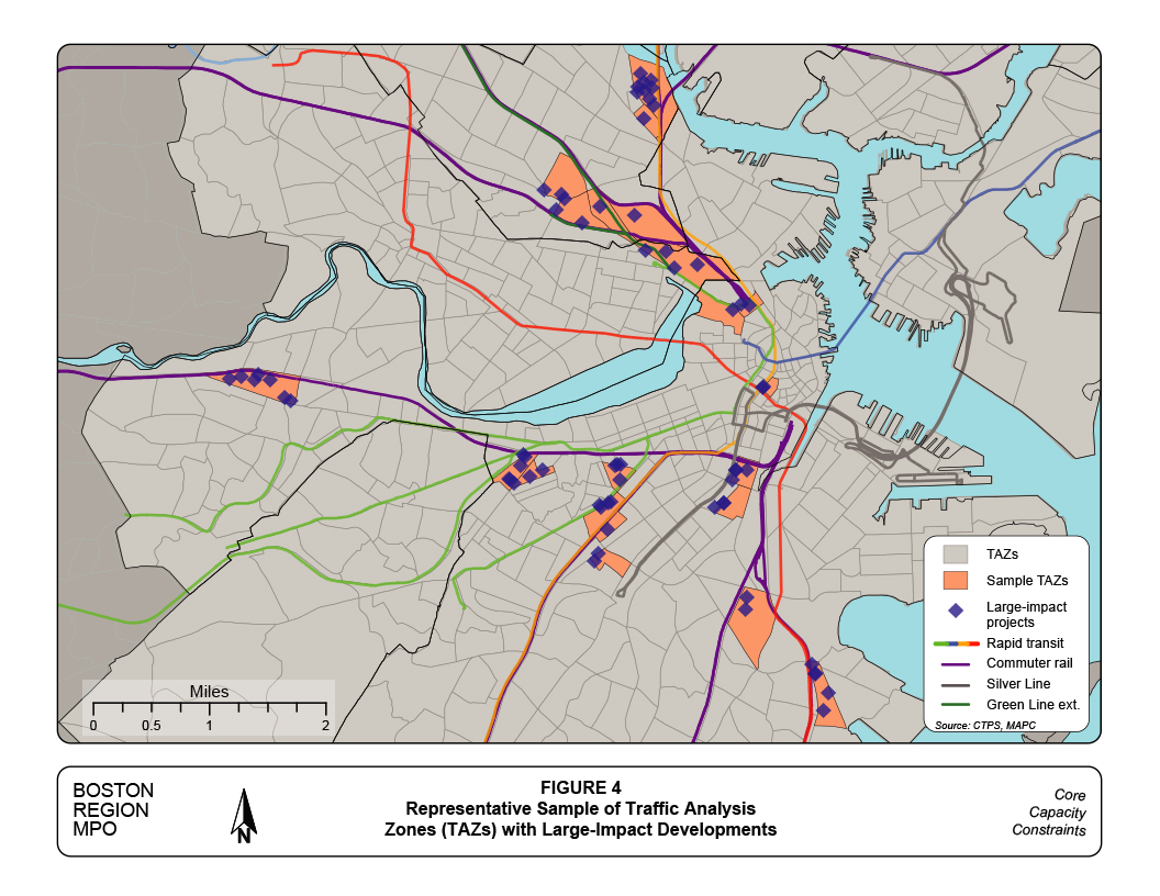 Figure 4 is a map of the central part of the Study Area. The representative sample of 20 Traffic Analysis Zones and the 72 large-impact projects planned for these zones are shown